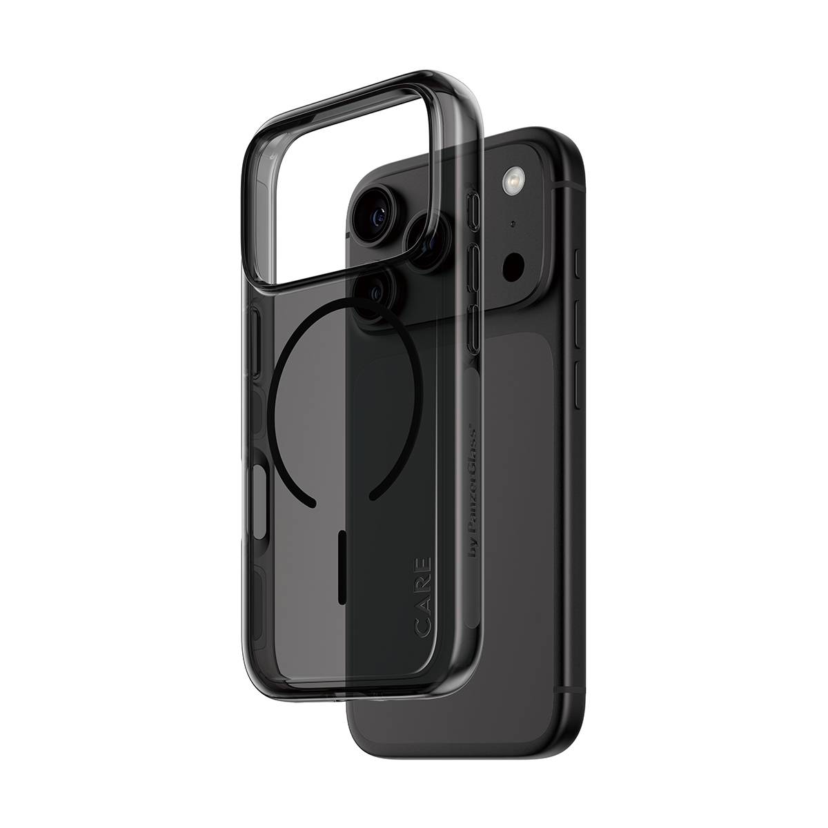 Zwei schwarze Smartphone-Hüllen übereinander angeordnet, eine durchsichtige Schutzhülle vor einer dunkel gefärbten Hülle, beide mit großen Kameraausschnitten.