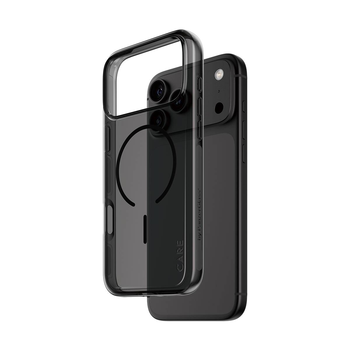 Schwarze Smartphone-Hülle von vorne und hinten gezeigt, mit transparentem, MagSafe-kompatiblem Design und erhöhtem Kamerashutz.