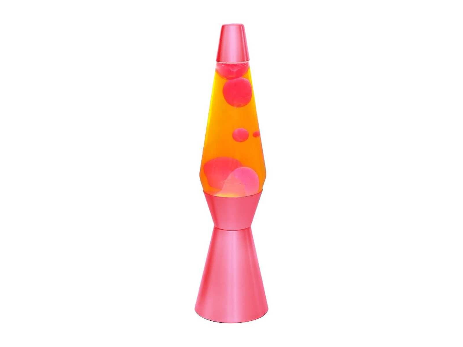 Rosa und orange Lava-Lampe mit schwebenden Blob-Formen, zentriert auf weißem Hintergrund.