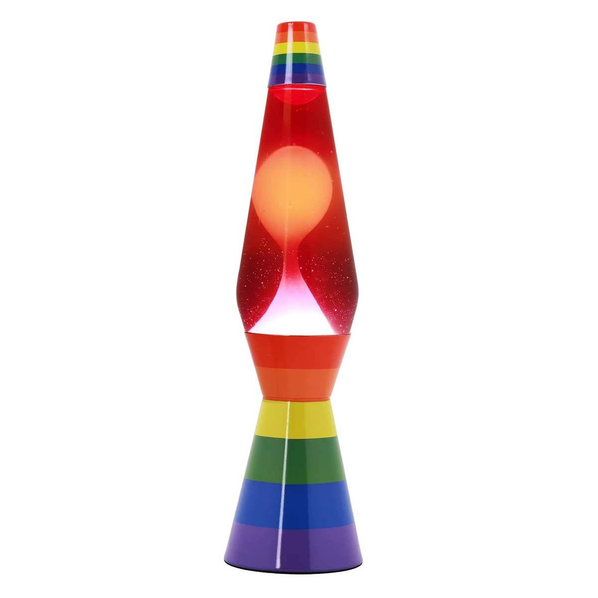 Regenbogen-Lavalampe mit roten Wachsbrocken, die aufsteigen, und einer mehrfarbig gestreiften Basis und Oberseite auf weißem Hintergrund