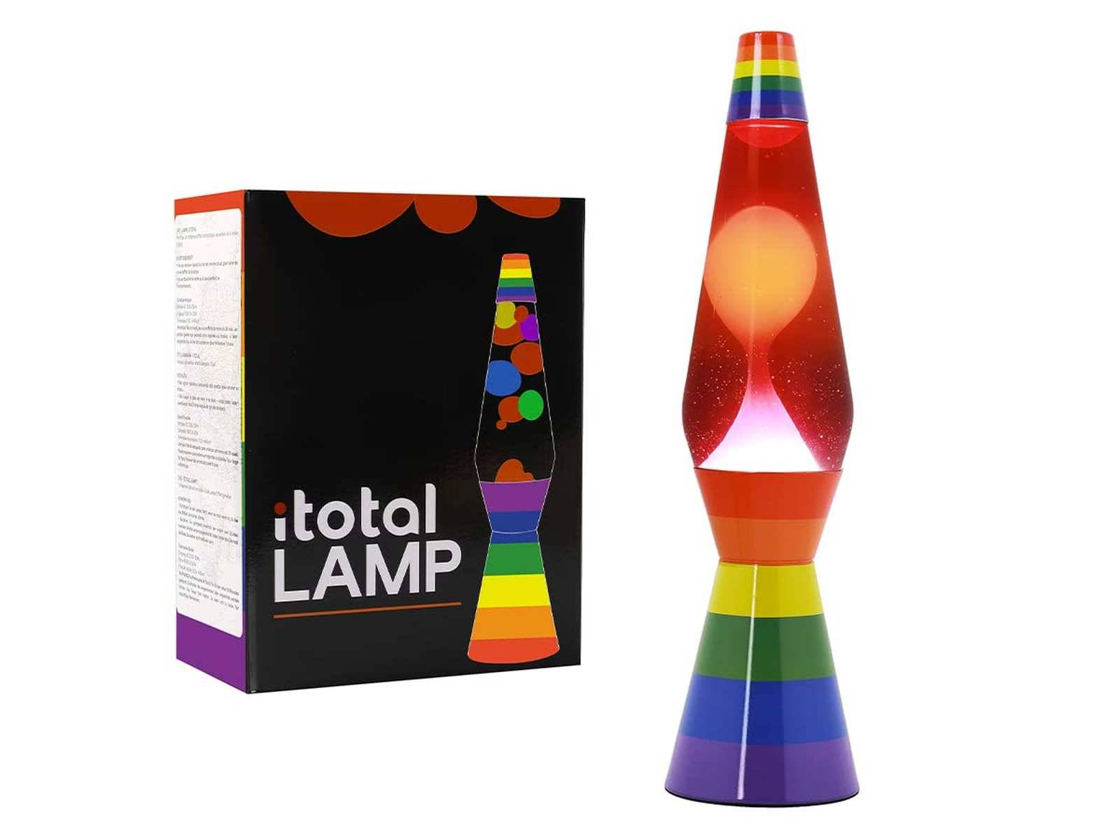 Lavalampe mit Regenbogenstreifen in rotem Glas neben ihrer „total LAMP