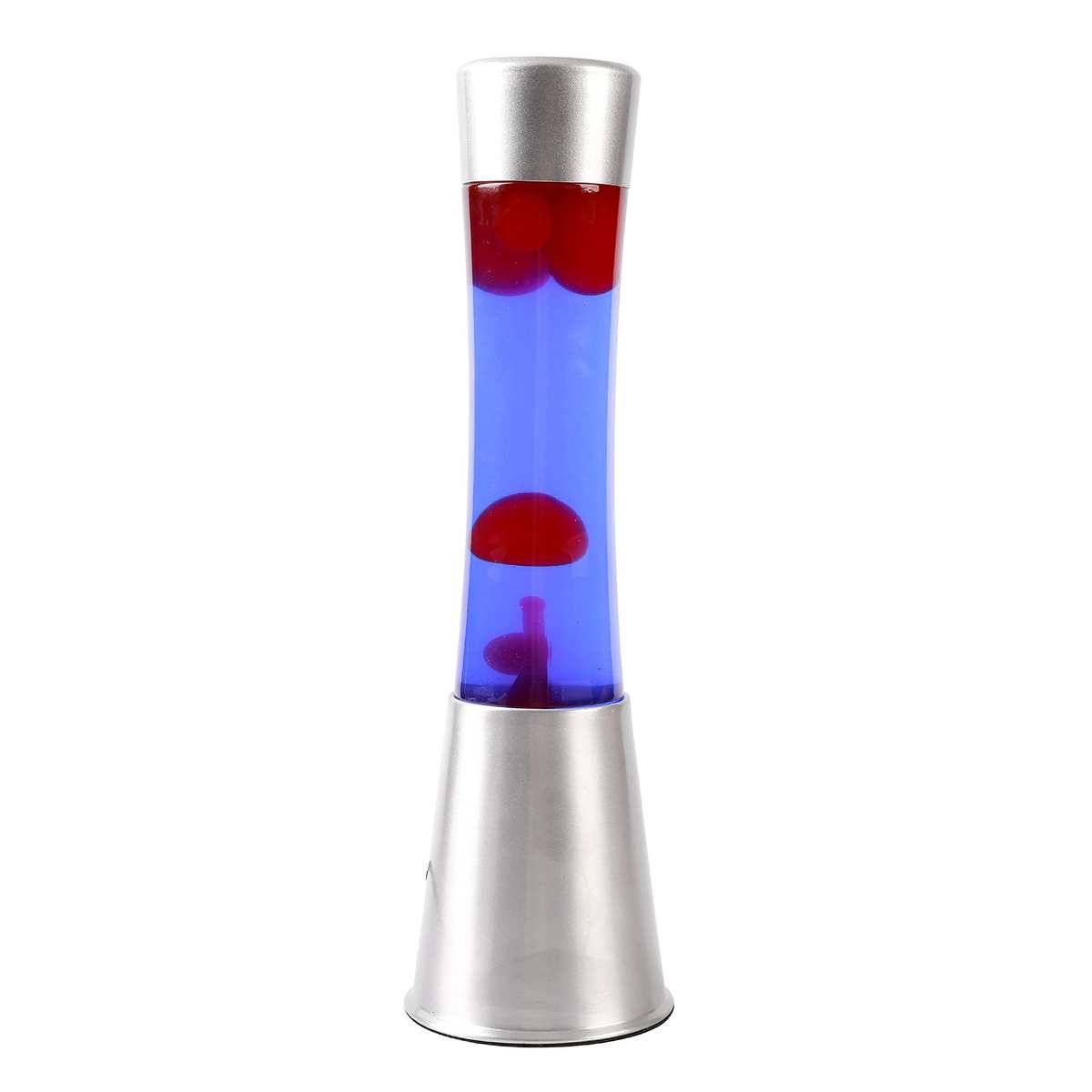 Eine silberfarbene Lavalampe mit blauer Flüssigkeit und roten Wachsblöbchen, die in einem hohen Glaszylinder auf weißem Hintergrund schweben.