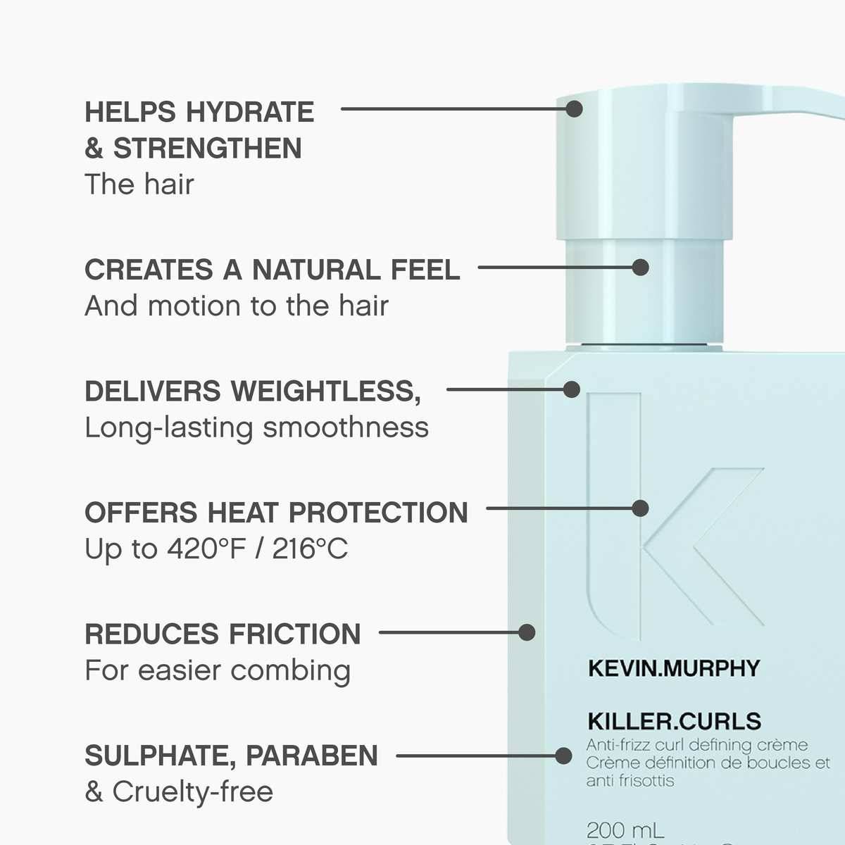 Produktbild einer Kevin.Murphy KILLER.CURLS Styling-Creme-Flasche mit Beschriftungen: spendet Feuchtigkeit und stärkt das Haar, erzeugt natürliches Aussehen und Bewegung, liefert schwerelose Glätte, Wärmeschutz bis 420°F/216°C, reduziert Reibung, sulfat- und parabenfrei, grausamkeitsfrei.