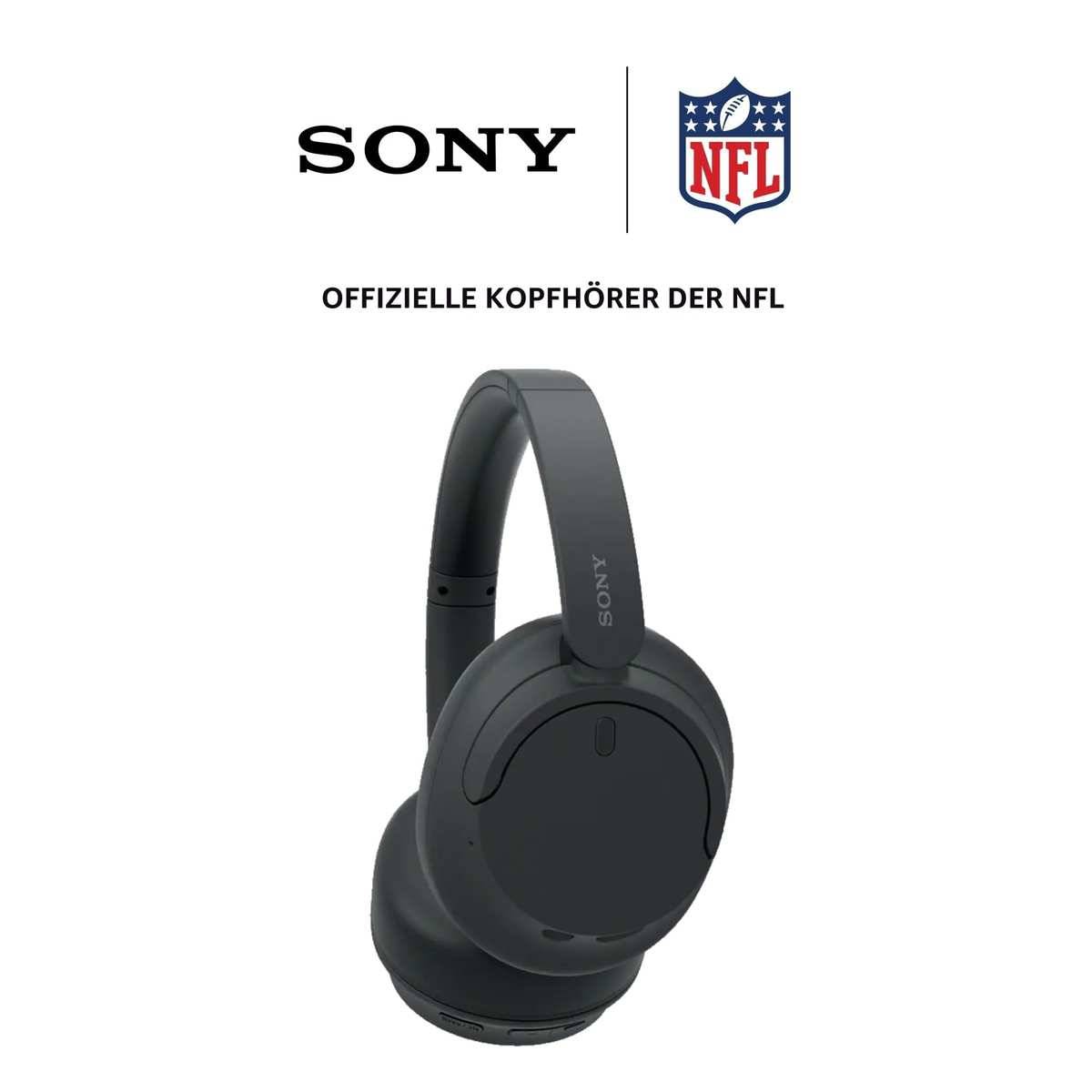 Sony Kopfhörer mit NFL-Logo und deutschem Text „Offizielle Kopfhörer der NFL