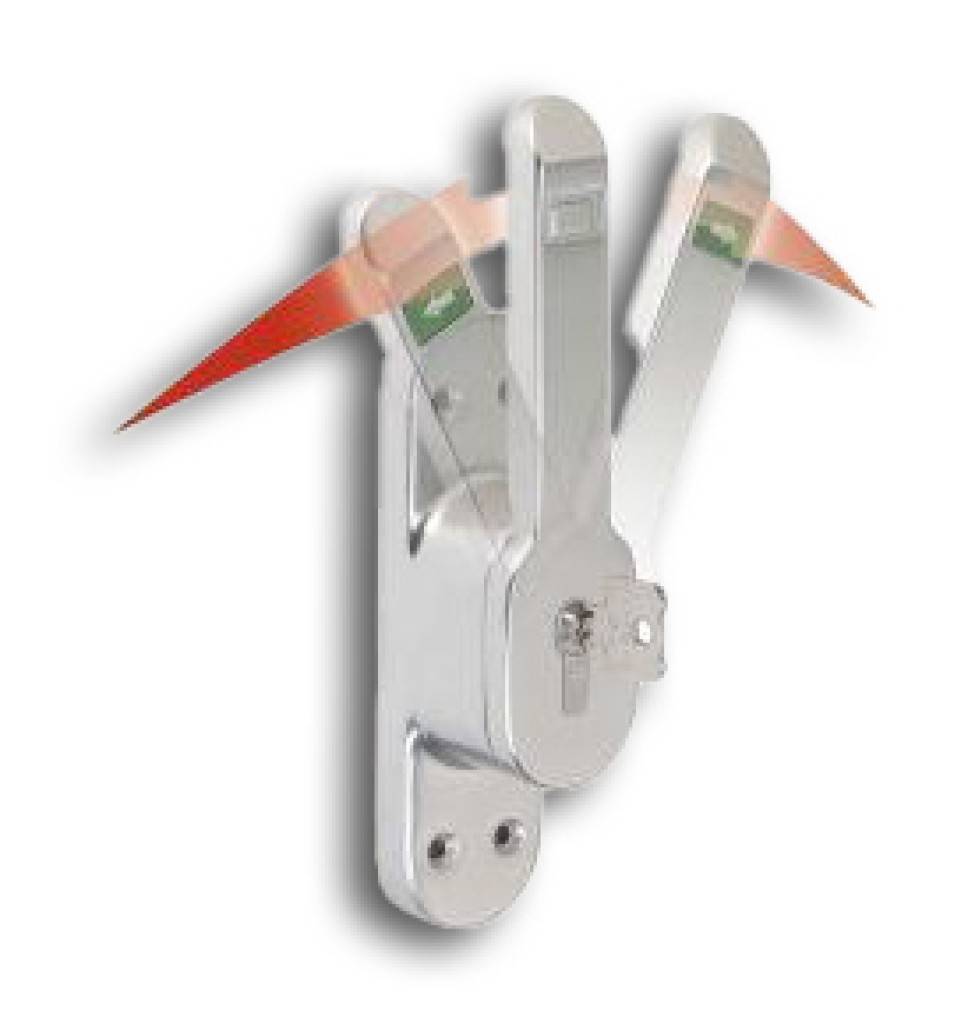Metallverriegelungsmechanismus mit drei überlappenden gelenkigen Armen und farbigen rot-orange pfeilförmigen Streifen, gezeigt auf weißem Hintergrund.