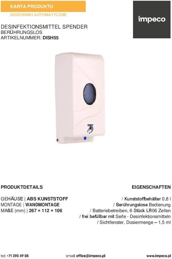 Produktkarte für einen Impeco berührungslosen Desinfektionsmittelspender, Modell DISH55, mit einem weißen wandmontierten Spender und deutschen Produktdetails.