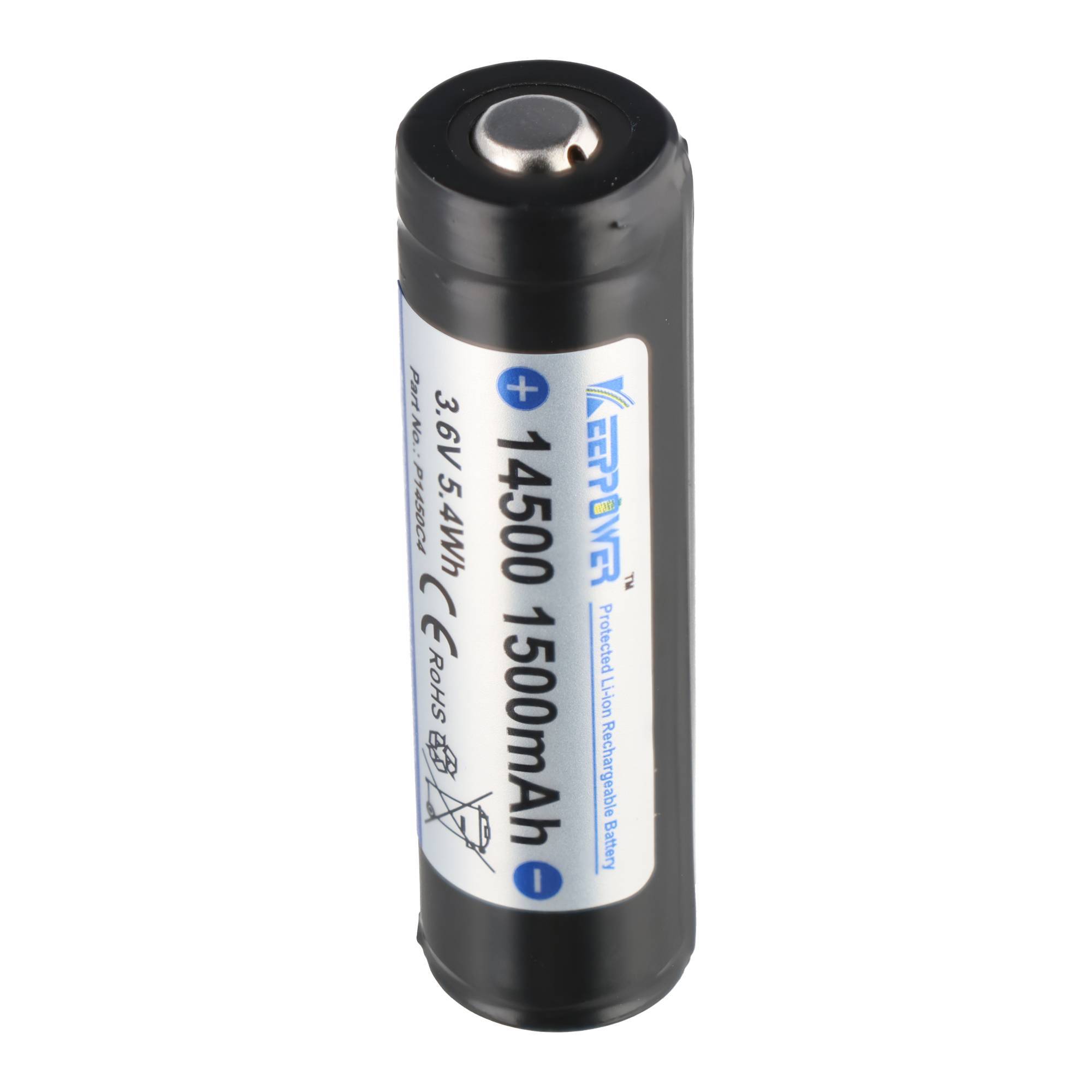 Schwarze zylindrische wiederaufladbare Batterie mit Aufschrift „14500 1500mAh" und „3,6V 5,4Wh"" auf weißem Hintergrund.