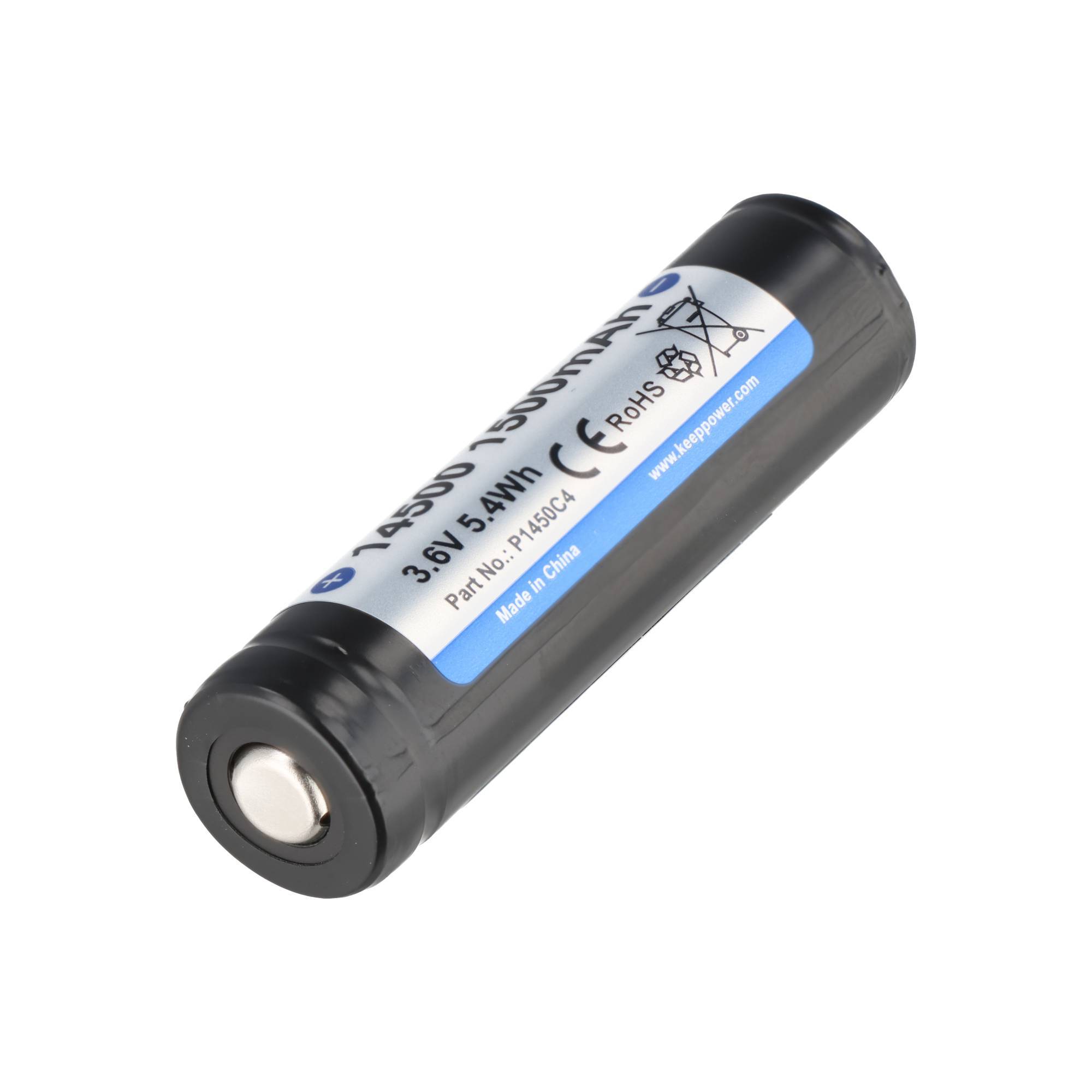 Zylindrische wiederaufladbare Batterie mit Aufschrift „3,6V 5,4Wh" mit sichtbarem Anschluss, auf weißem Hintergrund dargestellt.