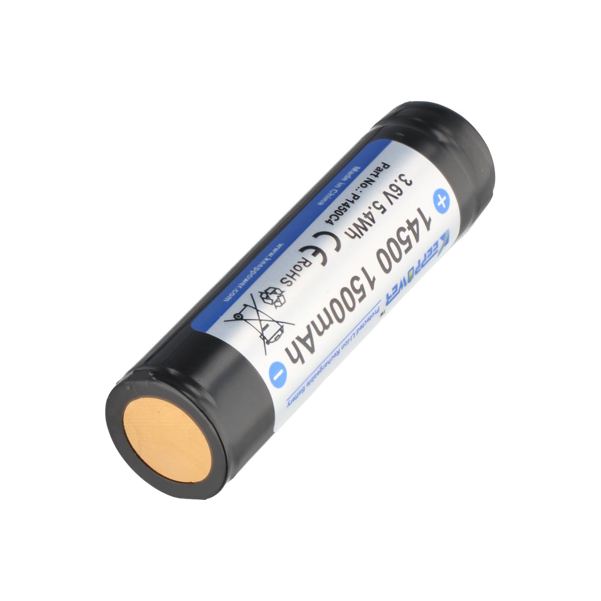 Schwarzer wiederaufladbarer zylindrischer Akku mit der Aufschrift „14500 1500mAh" und den Angaben 3,6V 5,4Wh auf weißem Hintergrund