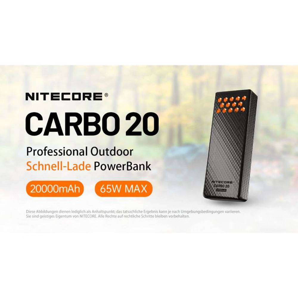NITECORE CARBO 20 Powerbank-Anzeige mit einem schwarzen 20.000-mAh-Outdoor-Schnelllade-Powerbank mit dem Text 