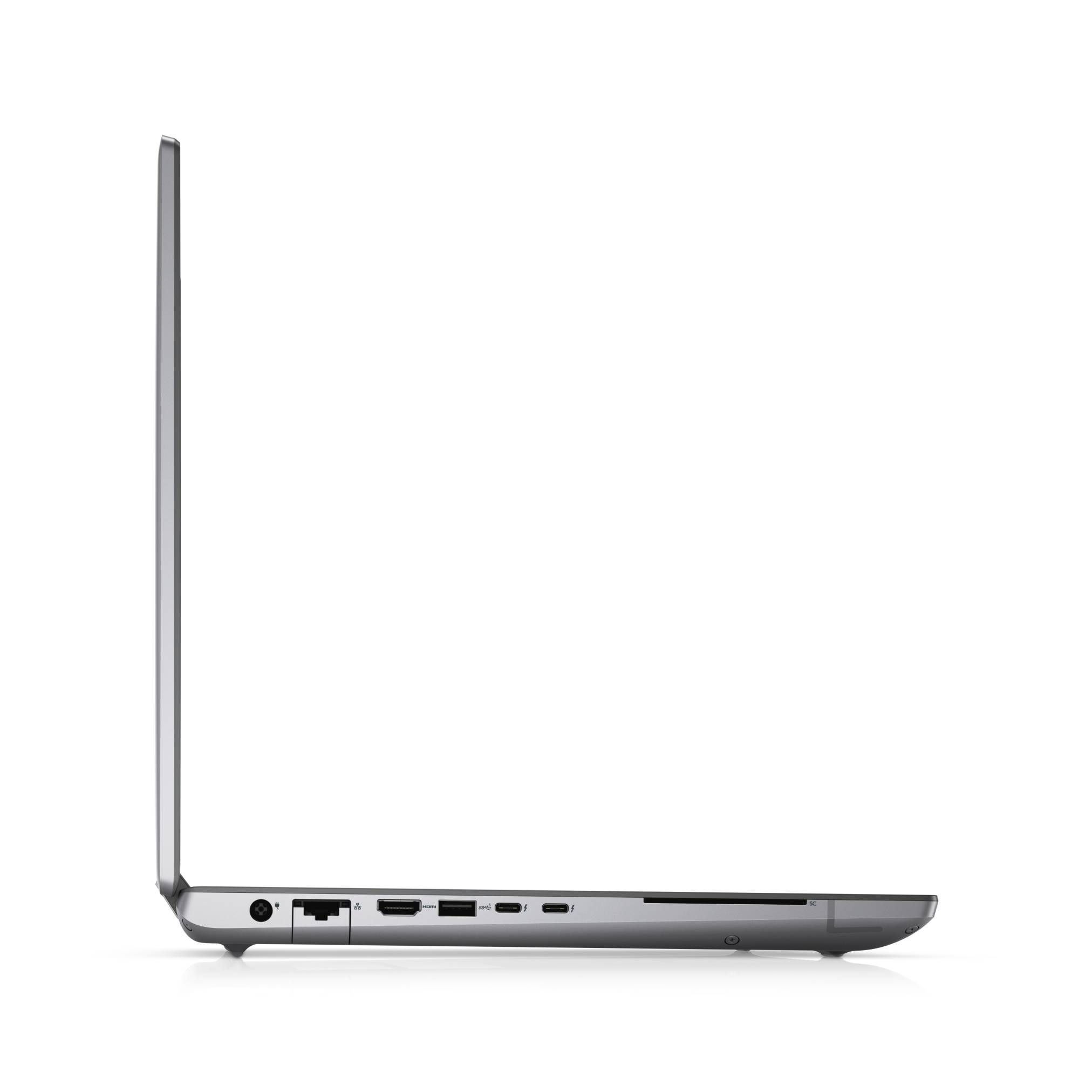 Seitenansicht eines dünnen silbernen Laptops, der in einem 90-Grad-Winkel geöffnet ist und sein schlankes Profil sowie die Anschlüsse auf der linken Seite vor weißem Hintergrund zeigt.
