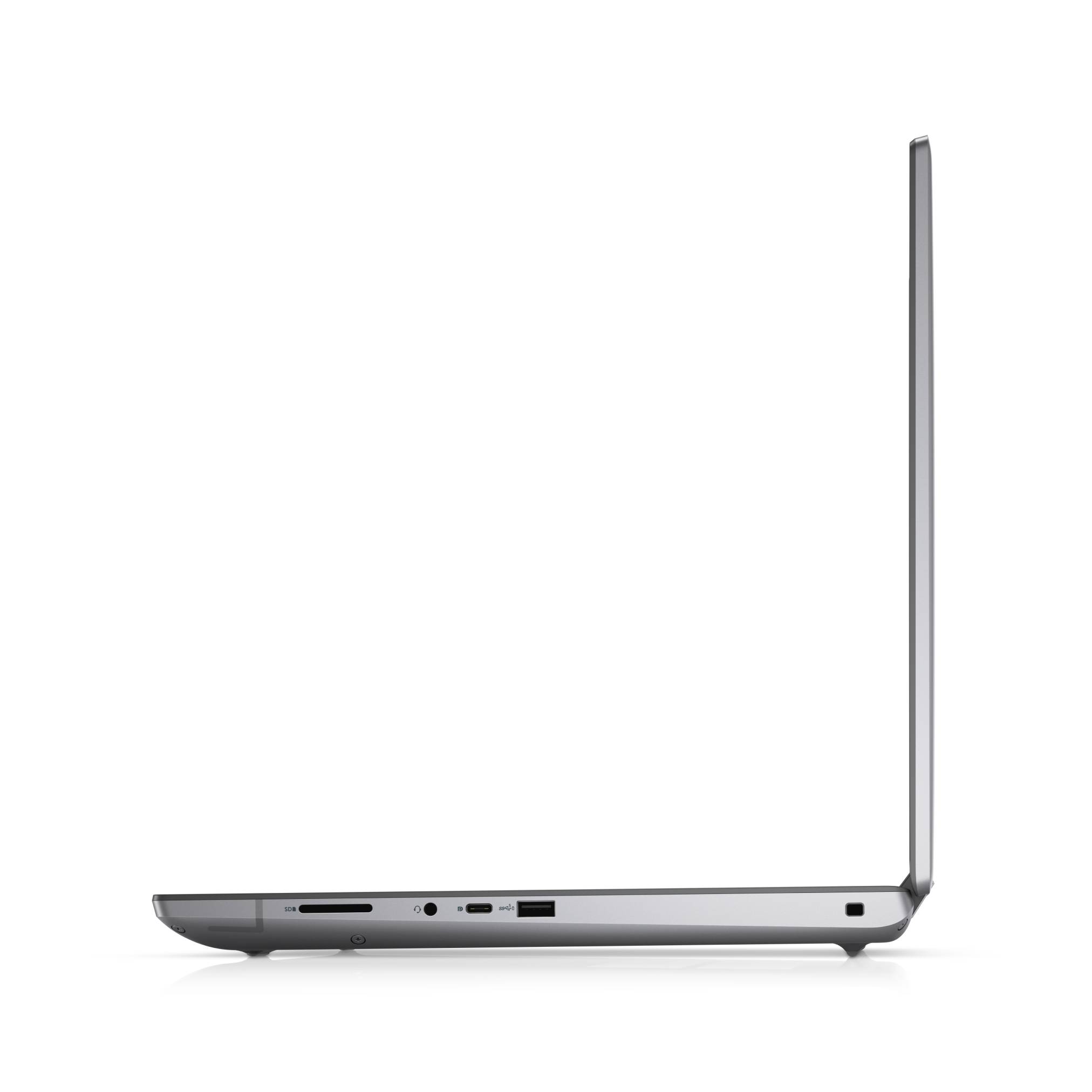 Seitenansicht eines dünnen silbernen Laptops, der in einem 90-Grad-Winkel geöffnet ist, zeigt sein schlankes Profil und die Anschlüsse auf der linken Seite auf weißem Hintergrund.