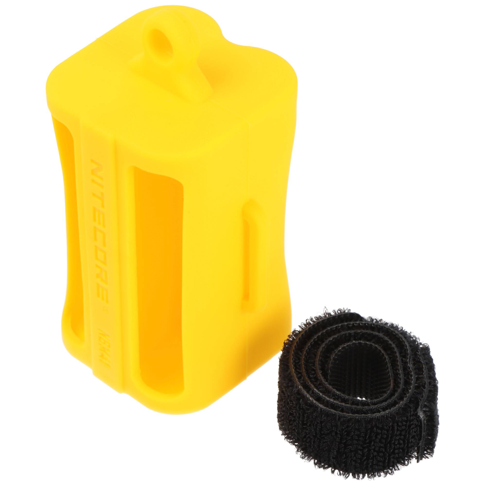 Gelbes Nitecore-Batteriegehäuse mit schwarzem Klettverschlussgurt daneben auf weißem Hintergrund.