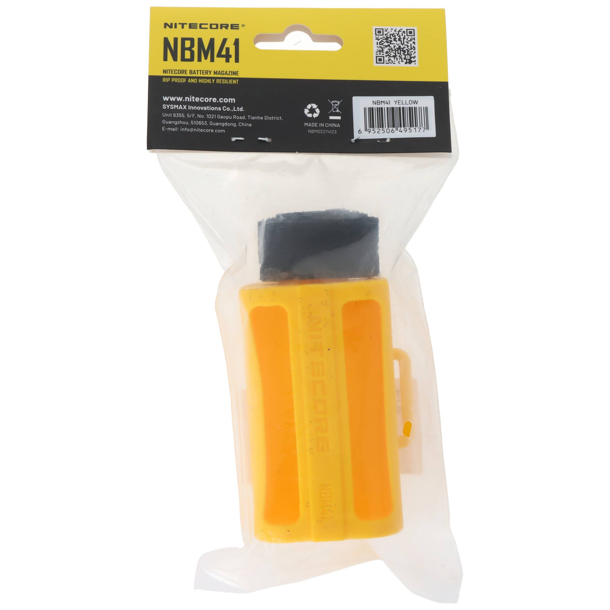 Verpacktes Nitecore NBM41 Batteriemagazin in einer durchsichtigen Plastiktüte mit gelbem/orangefarbenem Gehäuse und schwarzer Oberklappe.