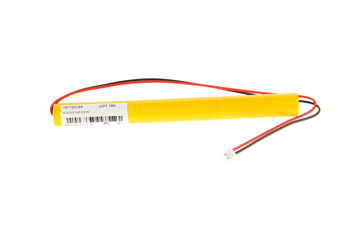 Gelber zylindrischer Batteriepack mit roten und schwarzen Drähten und einem weißen Stecker auf einfachem Hintergrund.