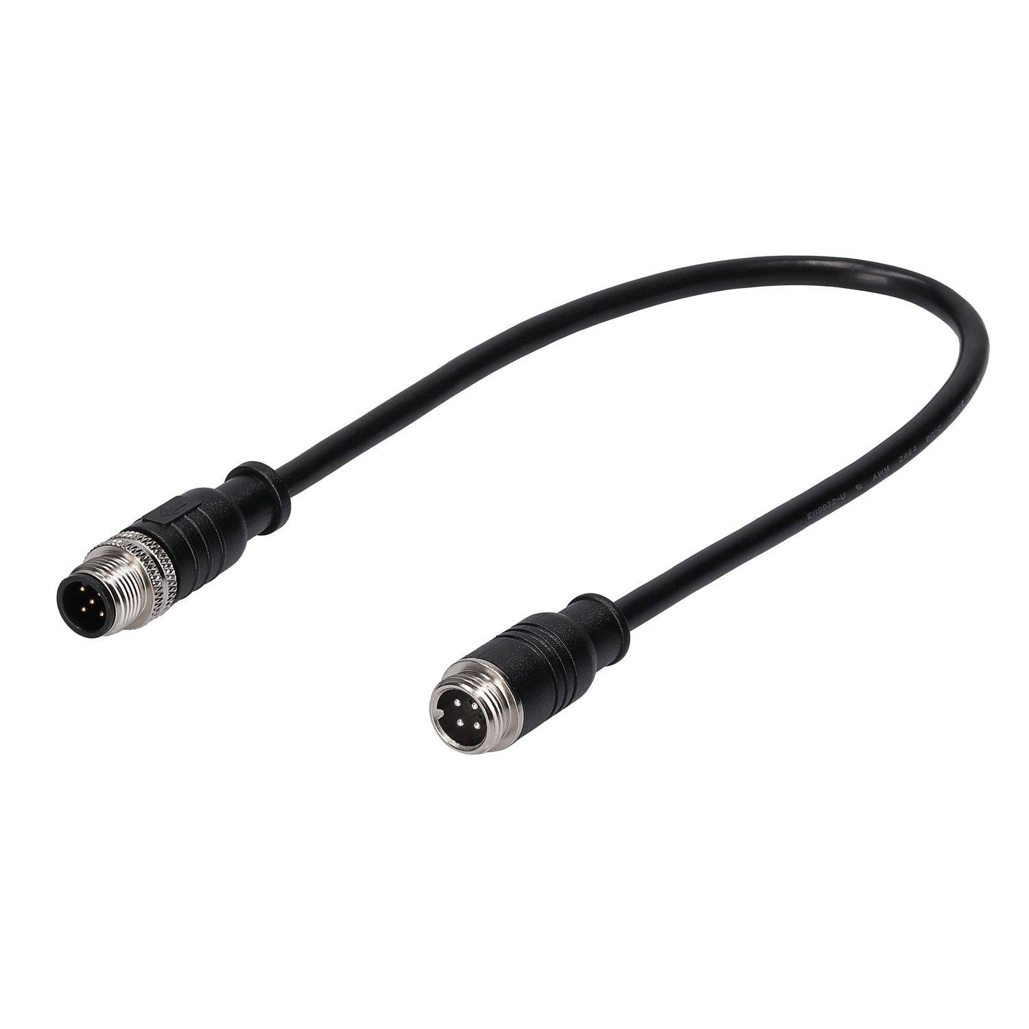 Schwarzes Kabel mit runden Metallsteckern an beiden Enden, auf weißem Hintergrund dargestellt.