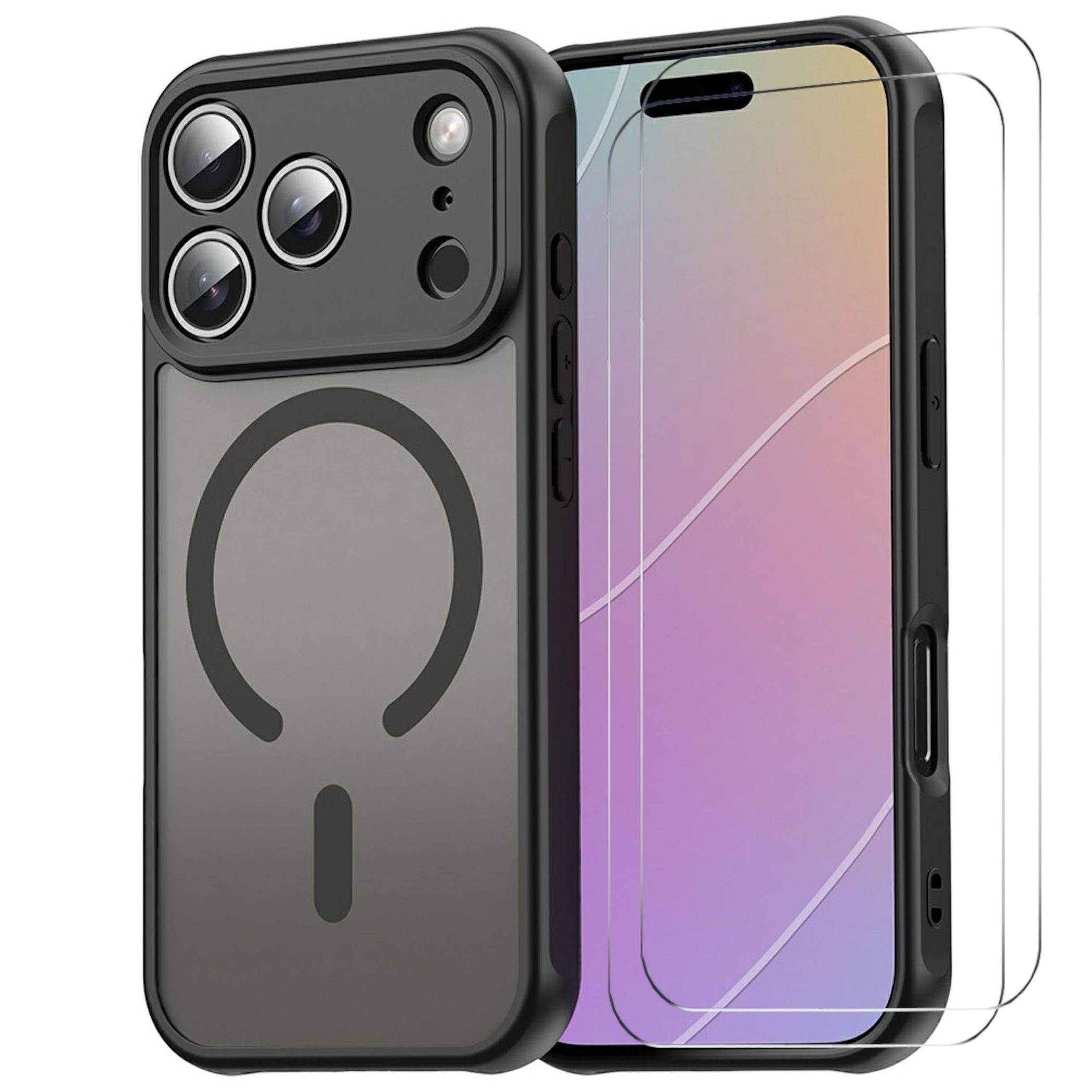 Schwarze Smartphone-Schutzhülle mit MagSafe-Ring und erhöhtem Kameraschutz, abgebildet neben dem Telefon und einem transparenten Displayschutz.