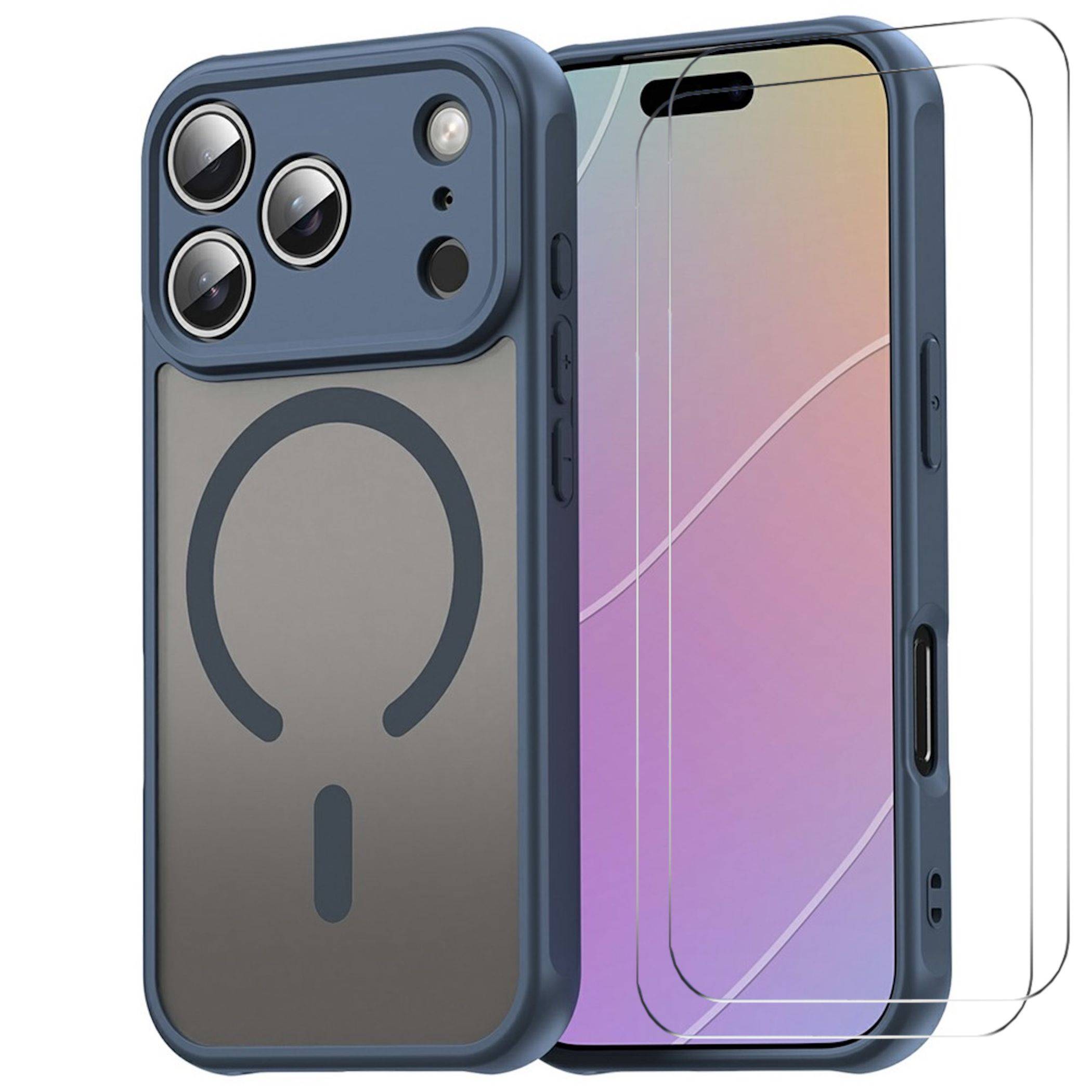 Blaue Handyhülle mit durchsichtigem Rücken und MagSafe-Ring, gezeigt auf einem iPhone mit Displayschutzfolie und Kameraaussparungen.