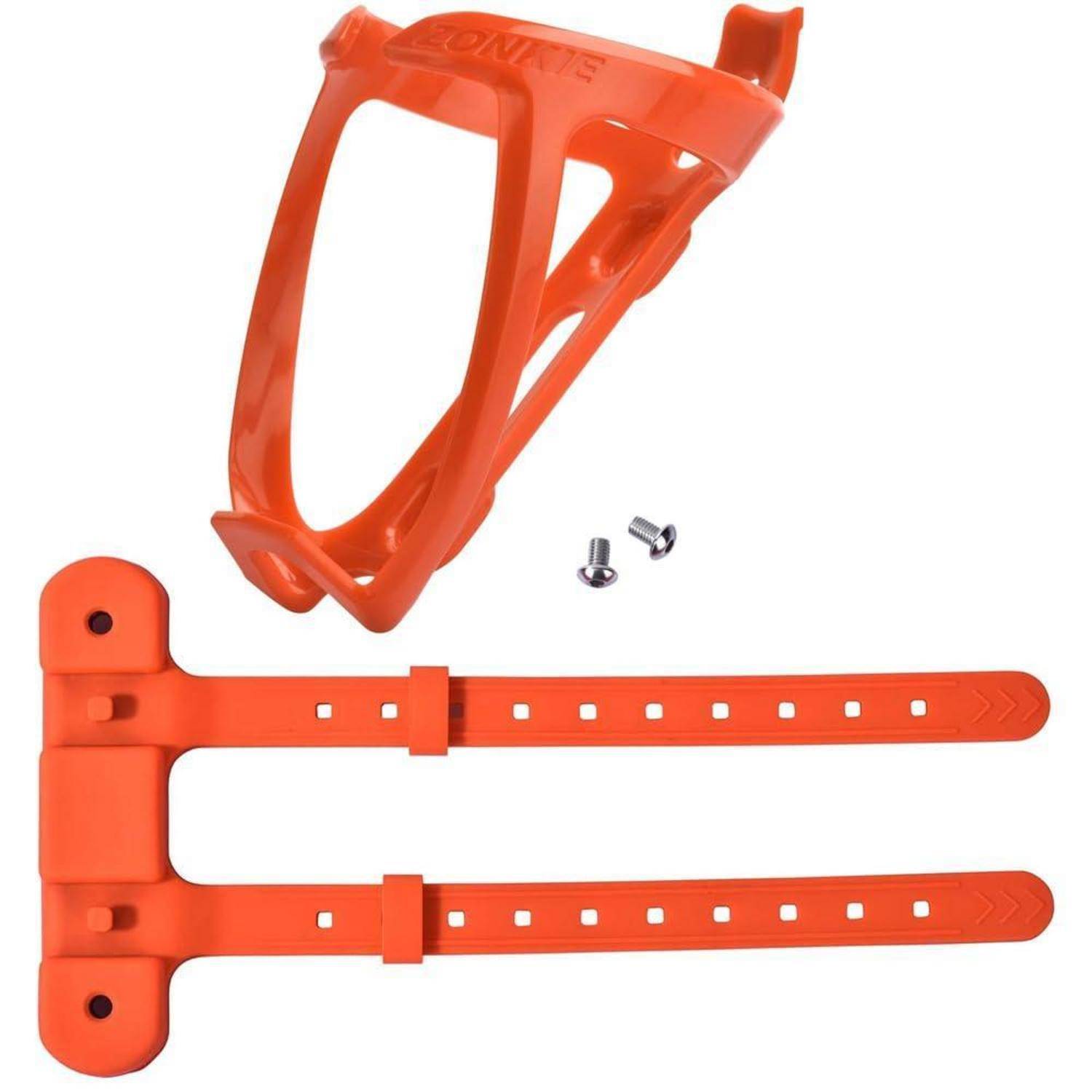 Orangefarbener Kunststoff-Fahrrad-Wasserflaschenhalter mit Montageclip, Riemen und zwei Schrauben auf weißem Hintergrund.