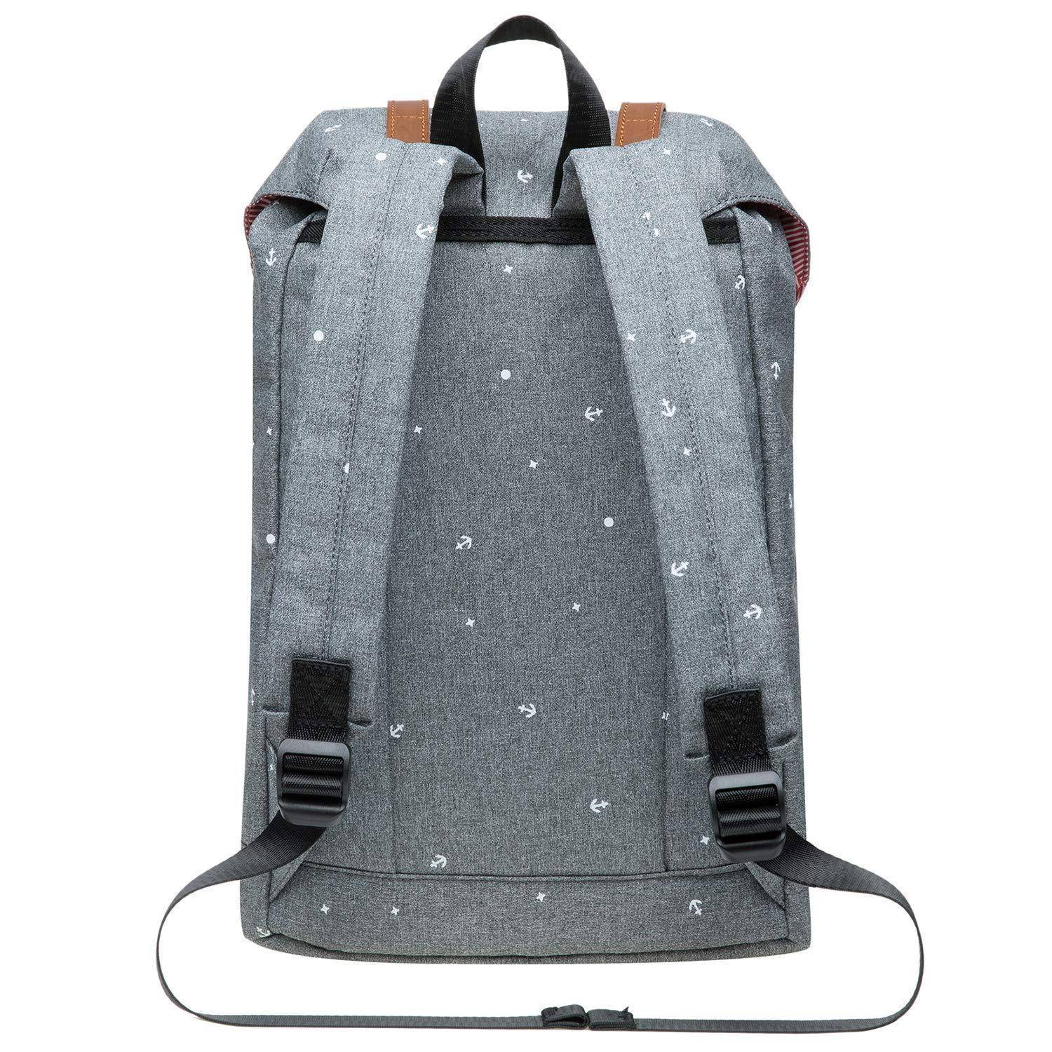 Grauer Rucksack von hinten gezeigt, mit schwarzen Schultergurten, Tragegriff oben und einem einfachen Muster aus kleinen weißen Punkten und Symbolen.