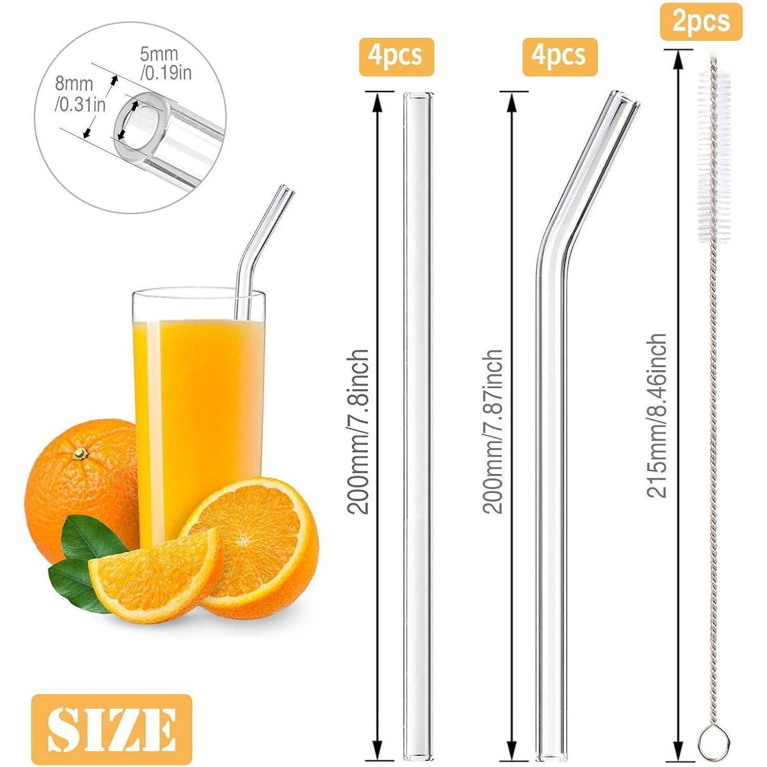 Größentabelle für wiederverwendbare Glastrinkhalme und Reinigungsbürsten, zeigt zwei Halm-Größen 200 mm und 215 mm, mit je 4 Stück und 2 Stück Bürsten; enthält 5 mm und 8 mm Öffnungsdetail.