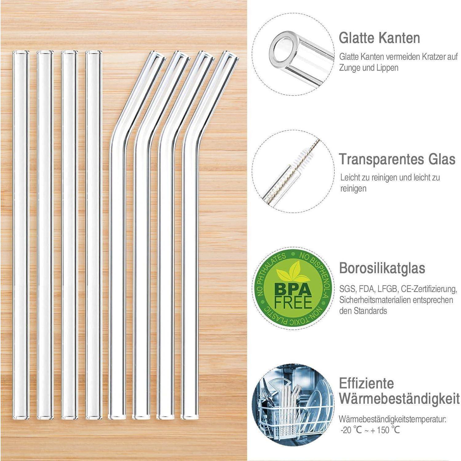 Produktbild von Glastrinkhalmen auf Holz, mit Hinweisen auf glatte Kanten, transparentes Glas, Borosilicatmaterial, BPA-frei und Wärmebeständigkeit von -20°C bis 150°C.
