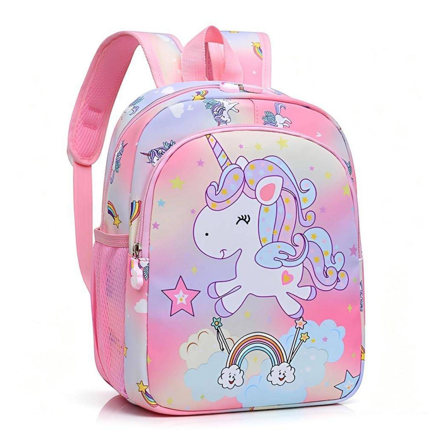 Rosa Kinderrucksack mit einem Cartoon-Einhorn, Sternen und Regenbogen auf der Vorderseite, vor weißem Hintergrund dargestellt.