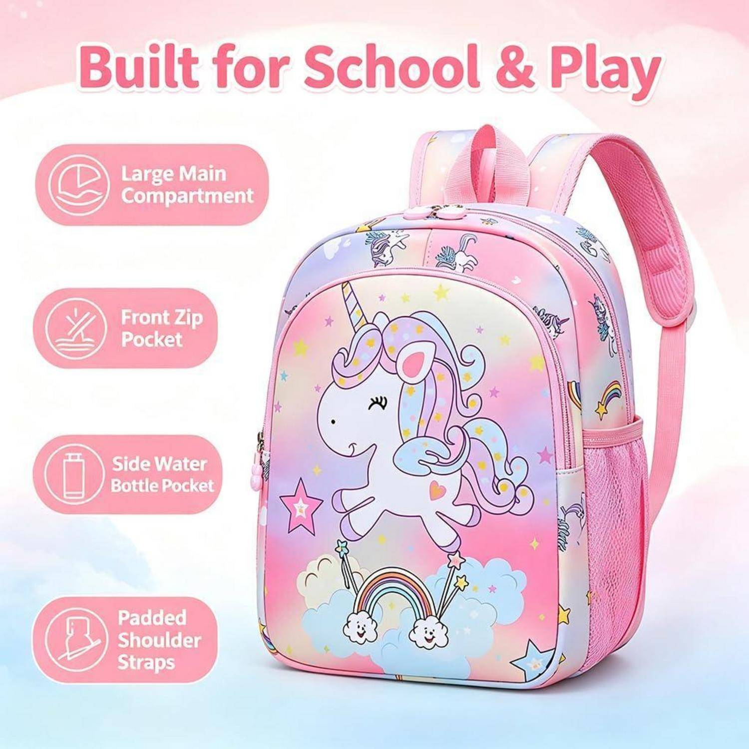Rosa Einhornschul-Rucksack mit der Aufschrift „Built for School & Play