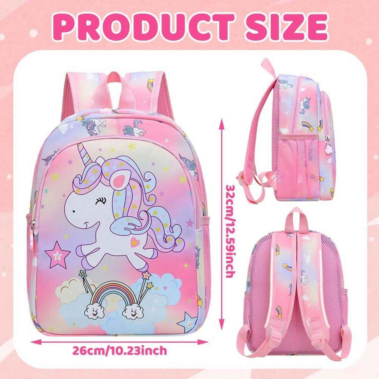 Größentabelle für einen rosafarbenen Einhorn-Rucksack: 26 cm breit und 32 cm hoch, gezeigt in Vorder-, Seiten- und Rückansicht.