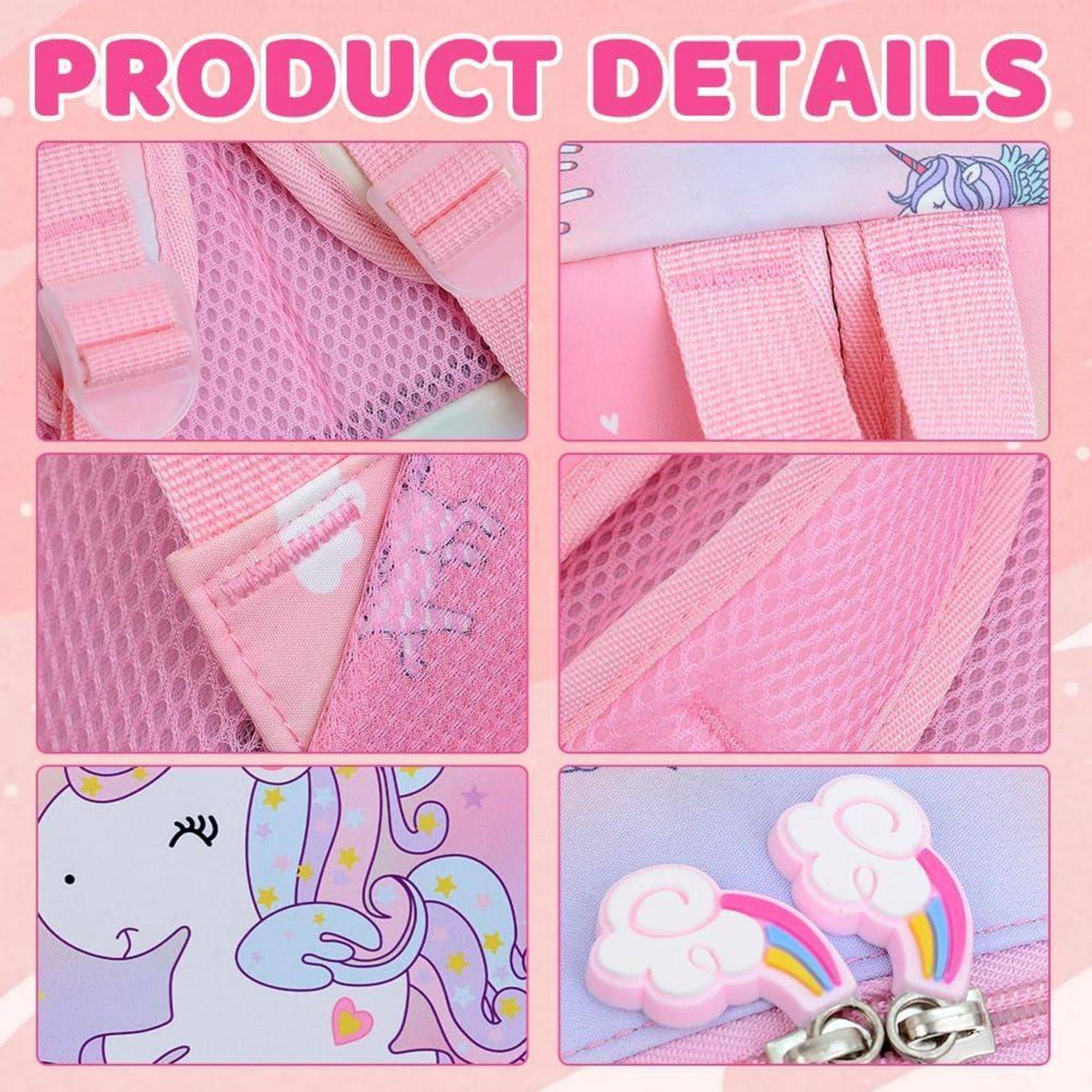Rosa-farbige Produktdetail-Collage mit einer Netzstoffe-Tasche oder einem Rucksack mit rosa Riemen, Reißverschlüssen und Einhornmotiven mit Cartoon-Akzenten.