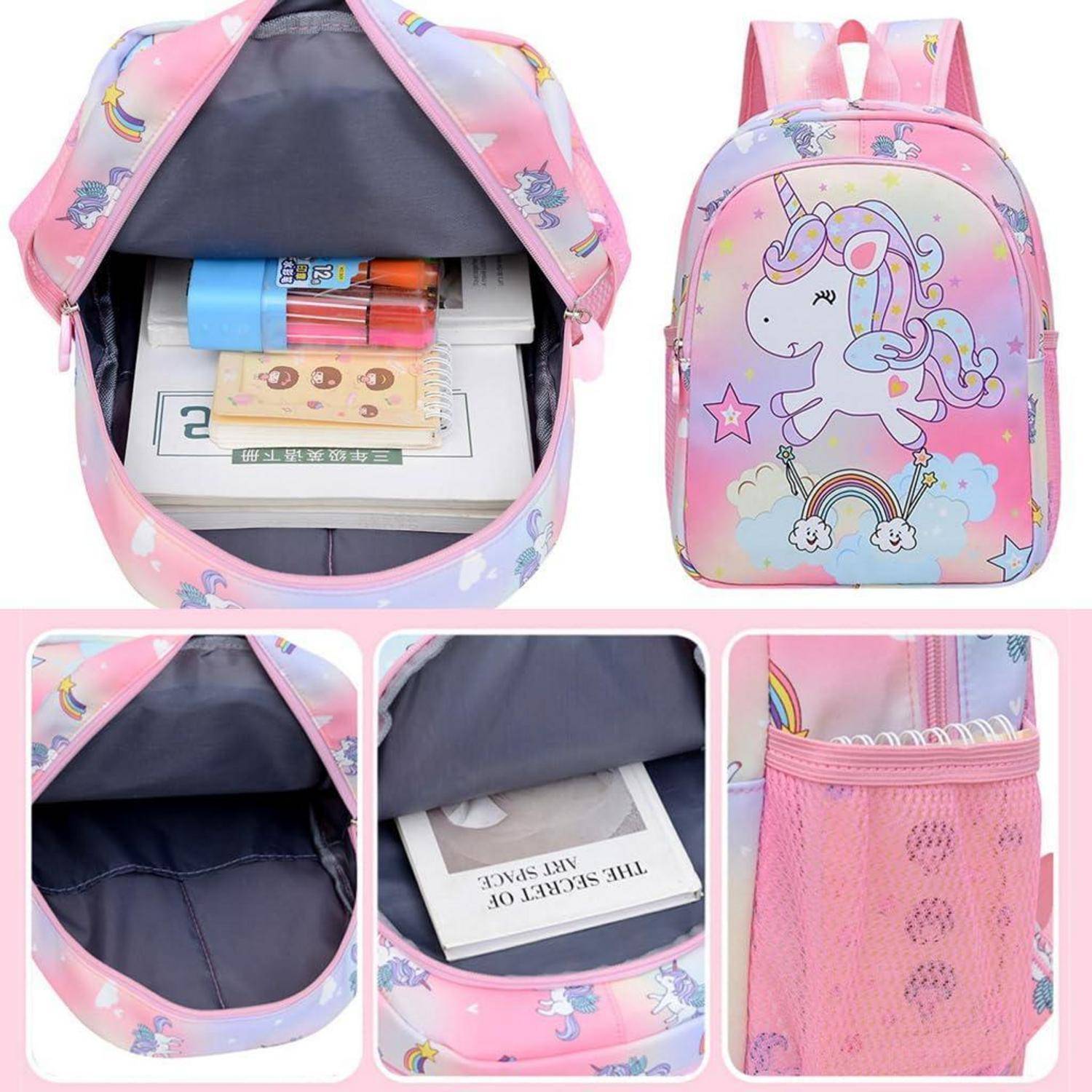 Rosa Unicorn-Kinderrucksack mit Regenbogendruck, geöffnet mit Büchern und Schreibwaren im Inneren und einer Netzseite ntasche für eine Flasche.