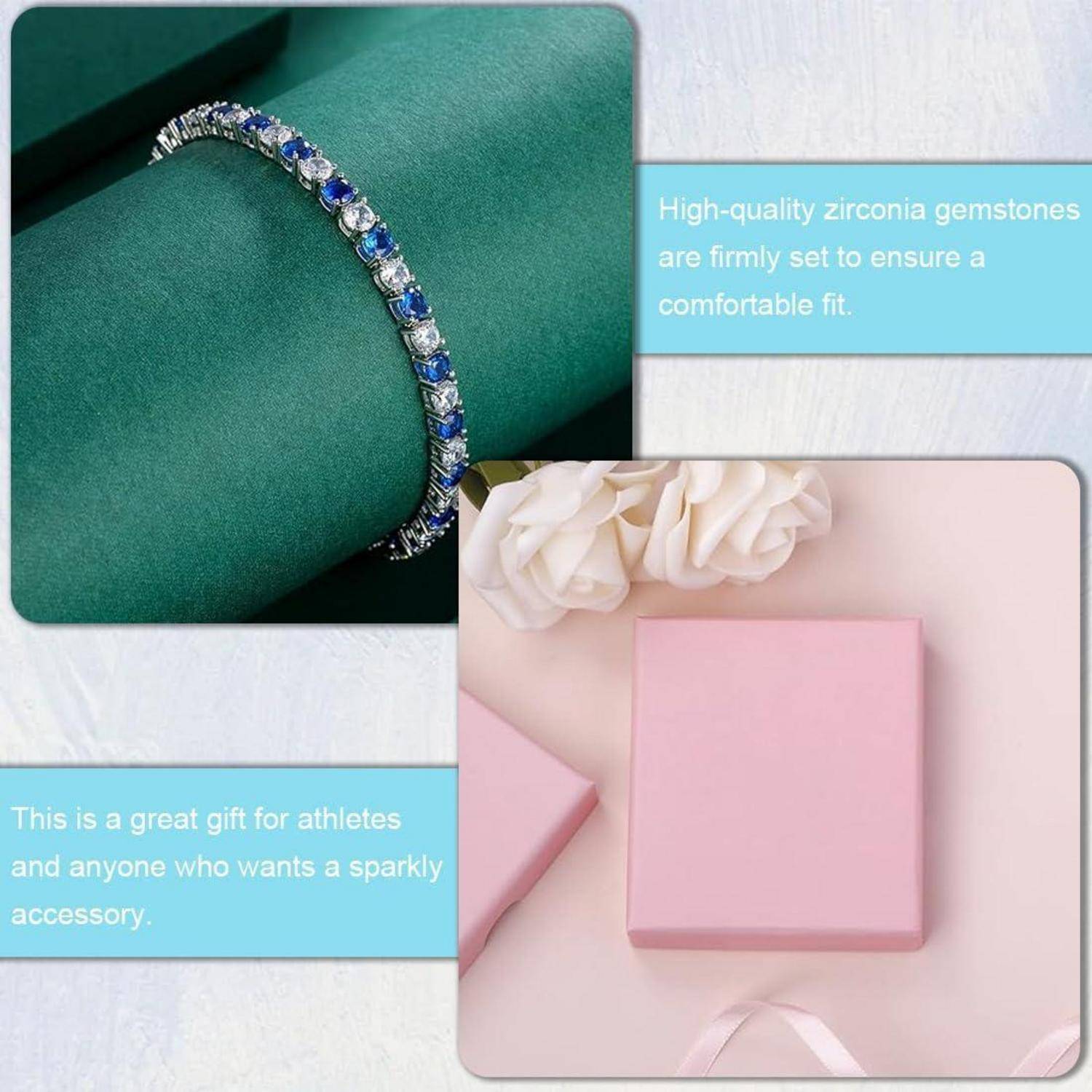 Glänzendes blau-silbernes Edelstein-Armband auf einem grünen Kissen; Text besagt, dass hochwertige Zirkonia-Steine einen angenehmen Sitz bieten und ein großartiges Geschenk für Sportler sind.