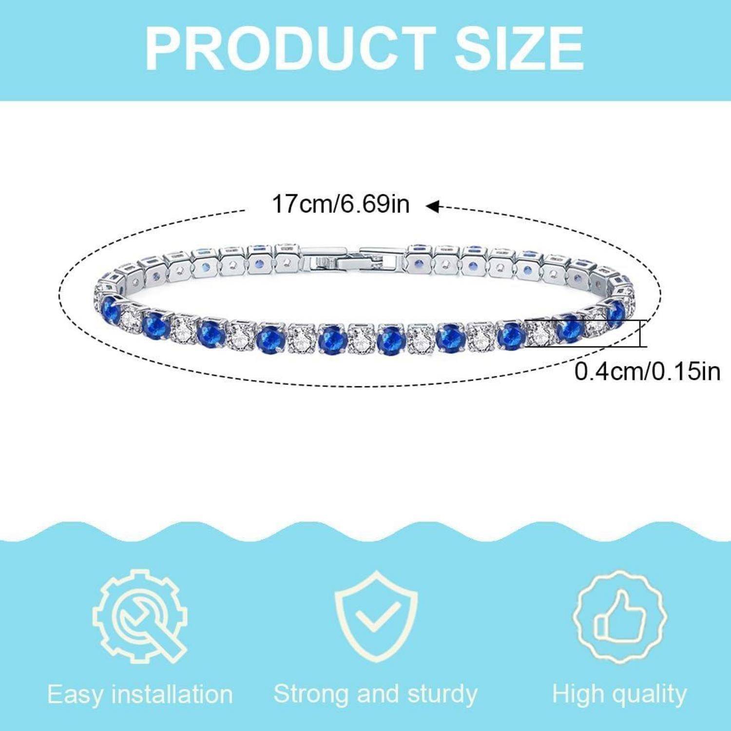 Größendiagramm eines Armbands mit einer Länge von 17 cm und einer Breite von 0,4 cm, mit Symbolen für einfache Installation, Stabilität und Robustheit sowie hohe Qualität.
