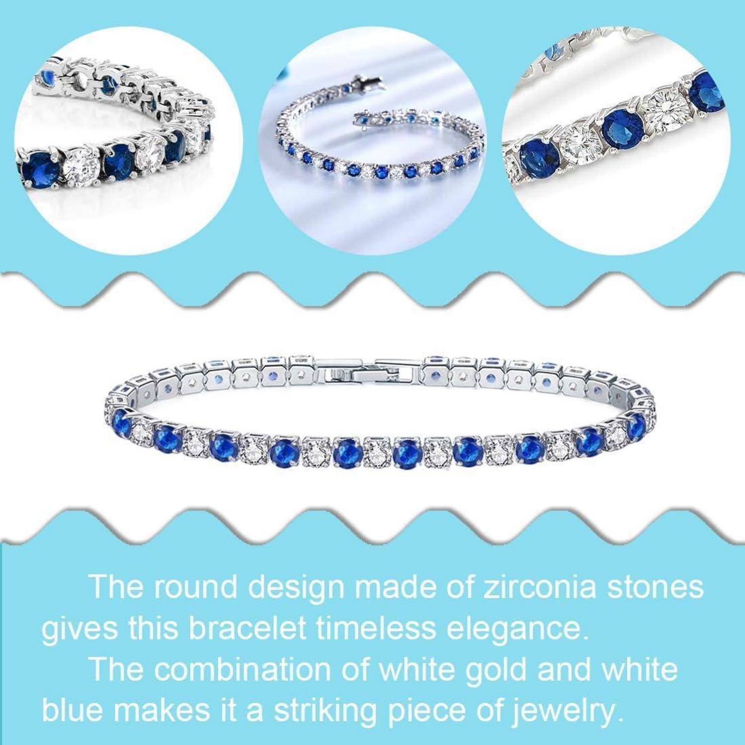 Silbernes Tennisarmband mit blauen Zirkonia-Steinen, in Nahaufnahmen dargestellt und mit Text, der besagt, dass sein rundes Design und die Kombination aus Weißgold und Blau ihm zeitlose Eleganz verleihen.