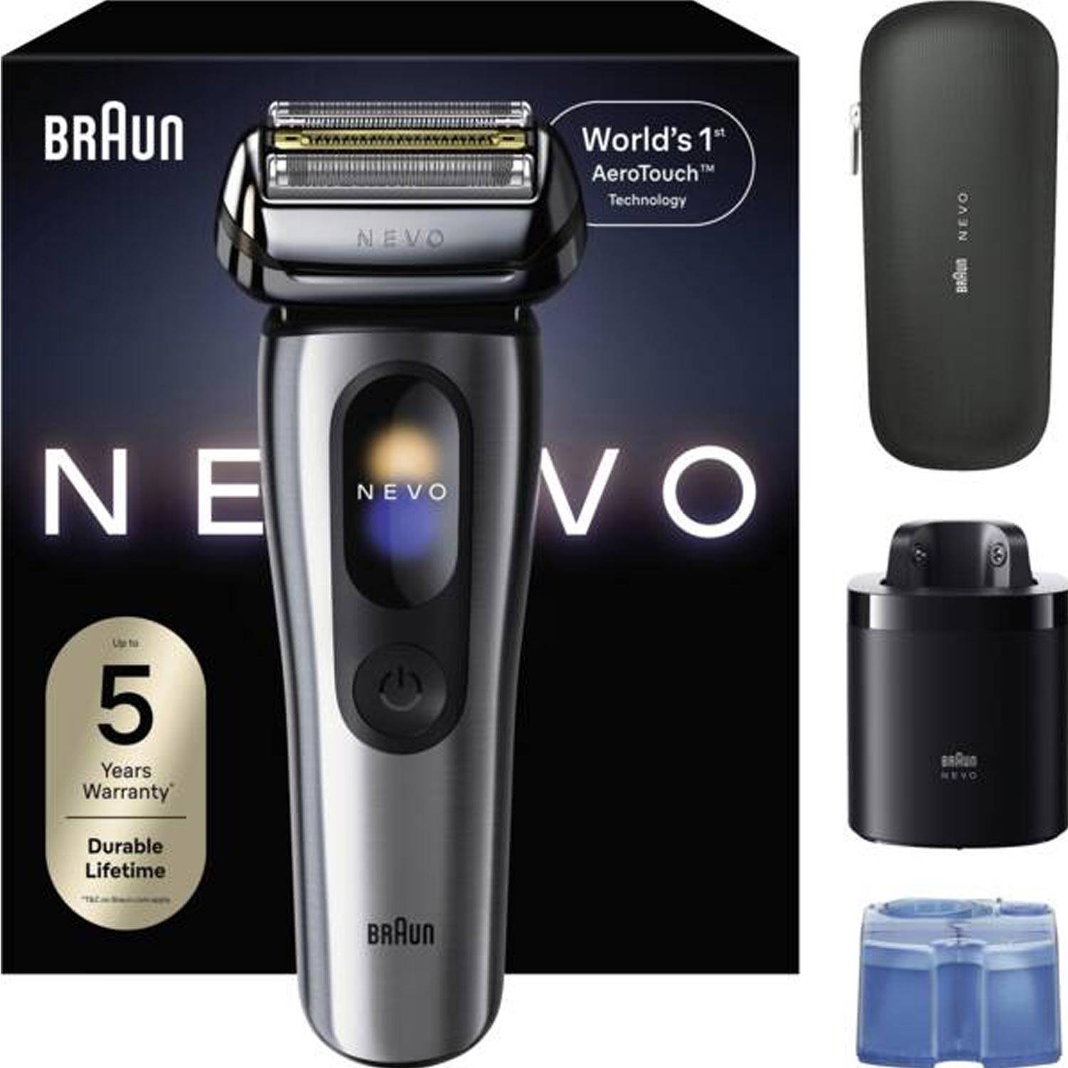 Braun Series 5 'Nevo' Elektrorasierer mit Reiseetui, Reinigungsstation und Schutzkappe, gekennzeichnet mit „Weltweit erste AeroTouch-Technologie