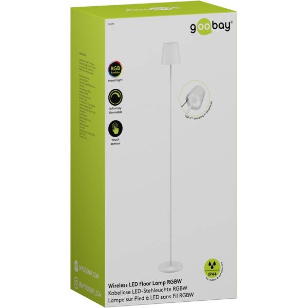 Verpackung für eine 9oobay kabellose LED-Bodenleuchte mit RGBW-Stimmungslicht, stufenloses Dimmen, Touchsteuerung und IP44-Schutzart.