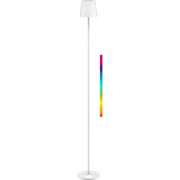 Minimalistische weiße Stehleuchte mit einem hohen schlanken Schaft, rundem Sockel und kleinem Schirm, dargestellt neben einer vertikalen Lichtleiste in Regenbogenfarben.