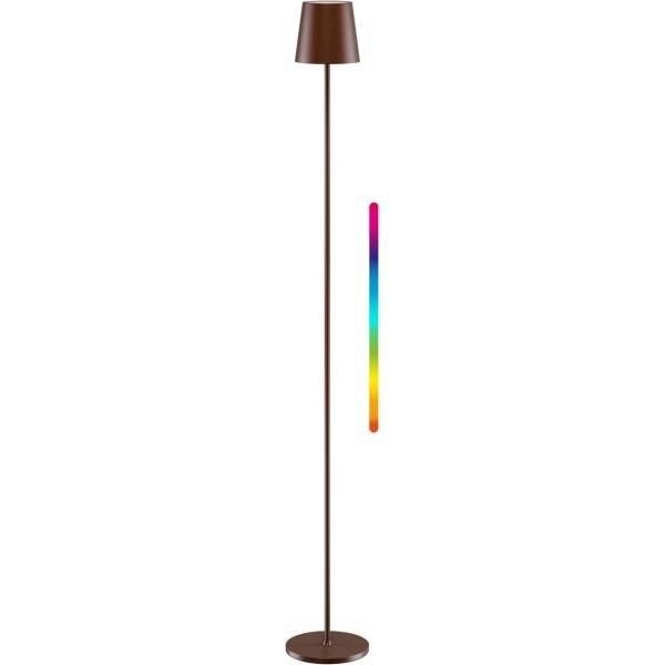 Schlanke braune Stehleuchte mit hohem Ständer, kegelförmigem Schirm und rundem Sockel, dargestellt neben einer kleinen vertikalen regenbogenfarbenen Leuchtenleiste.
