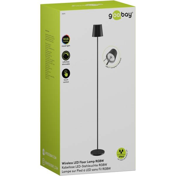 Schachtel für eine kabellose Goobay LED-Stehleuchte mit RGBW-Stimmungslicht, stufenlos dimmbar, Touchsteuerung und IP44-Schutzart.