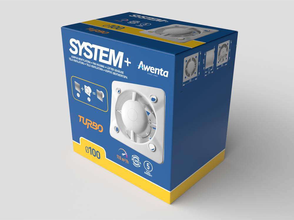 Blaue SYSTEM+ Aventa 'Turbo' Produktverpackung mit einer weißen Lüfter- oder Ventilatoreinheit, mit der Modellnummer 0100 auf der Vorderseite.