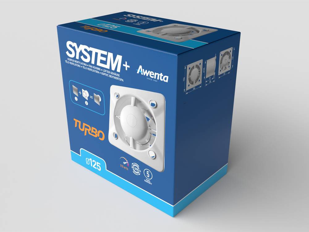 Blue Awenta SYSTEM+ TURBO 125 Badezimmerlüfter-Produktverpackung mit einem weißen Wandlüfter und Modellabbildungen auf der Verpackung.