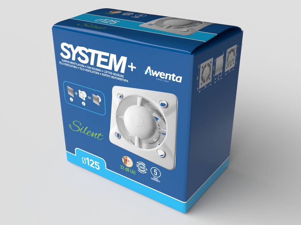 Blauer Aventa SYSTEM+ Silent-Lüftungsventilator Produktkarton mit großem Ventilatorabbildung, Größe '0125' und kleine Installationssymbole.