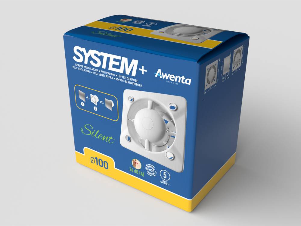 Blau- und gelbfarbene Schachttelverpackung für einen System+ Aventa Silent-Lüftungsventilator, mit Produktabbildung und Größenetikett 