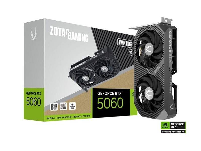 ZOTAC GAMING GeForce RTX 5060 Twin Edge Grafikkarte und Einzelhandelsverpackung mit 8GB GDDR7, Dual-Fan-Design und DLSS 4, Ray Tracing, Reflex, Studio-Unterstützung.