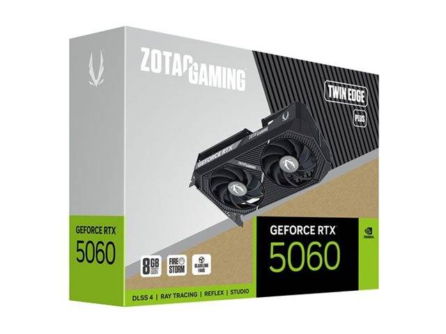 ZOTAC GAMING GeForce RTX 5060 Twin Edge Plus Grafikkarte Verpackung, die 8GB Speicher, DLSS 4, Ray Tracing, Reflex und Studio-Unterstützung zeigt.