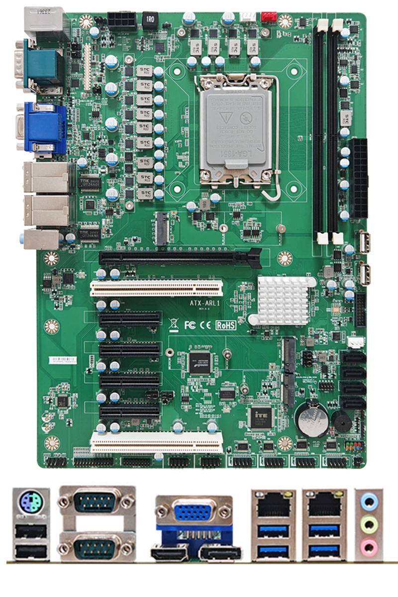 Motherboard für den Desktop mit CPU-Sockel, RAM-Steckplätzen, Erweiterungssteckplätzen und hinteren E/A-Anschlüssen gezeigt, plus vergrößerte Detailansicht derselben Anschlüsse.