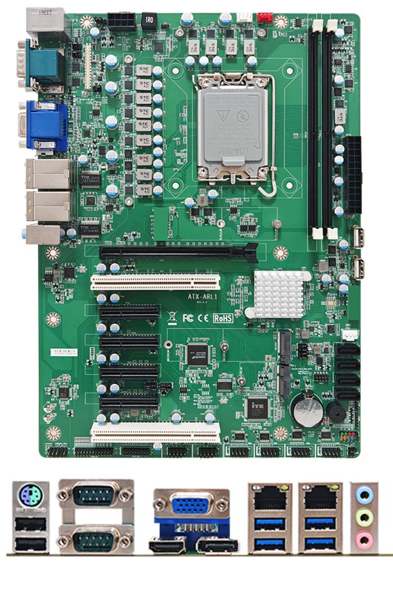 Computerplatine von vorne und hinten dargestellt, mit hervorgehobenem CPU-Sockel, RAM-Steckplätzen, Erweiterungssteckplätzen, hinteren E/A-Anschlüssen und Verbindern.