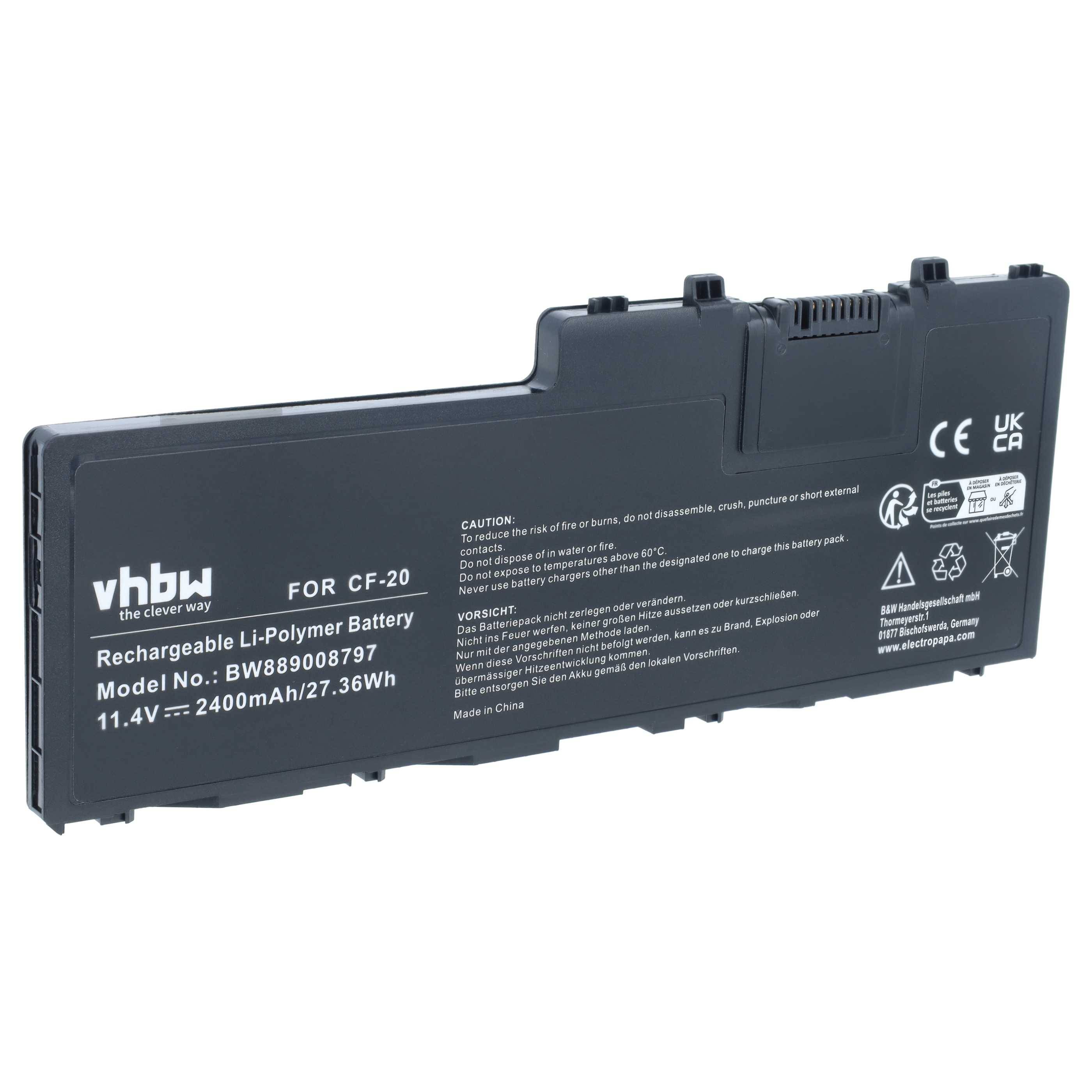 Schwarzer vhbw wiederaufladbarer Li-Polymer-Akku für CF-20, gekennzeichnet mit 11,4V 2400mAh/27,36Wh mit Sicherheitssymbolen.