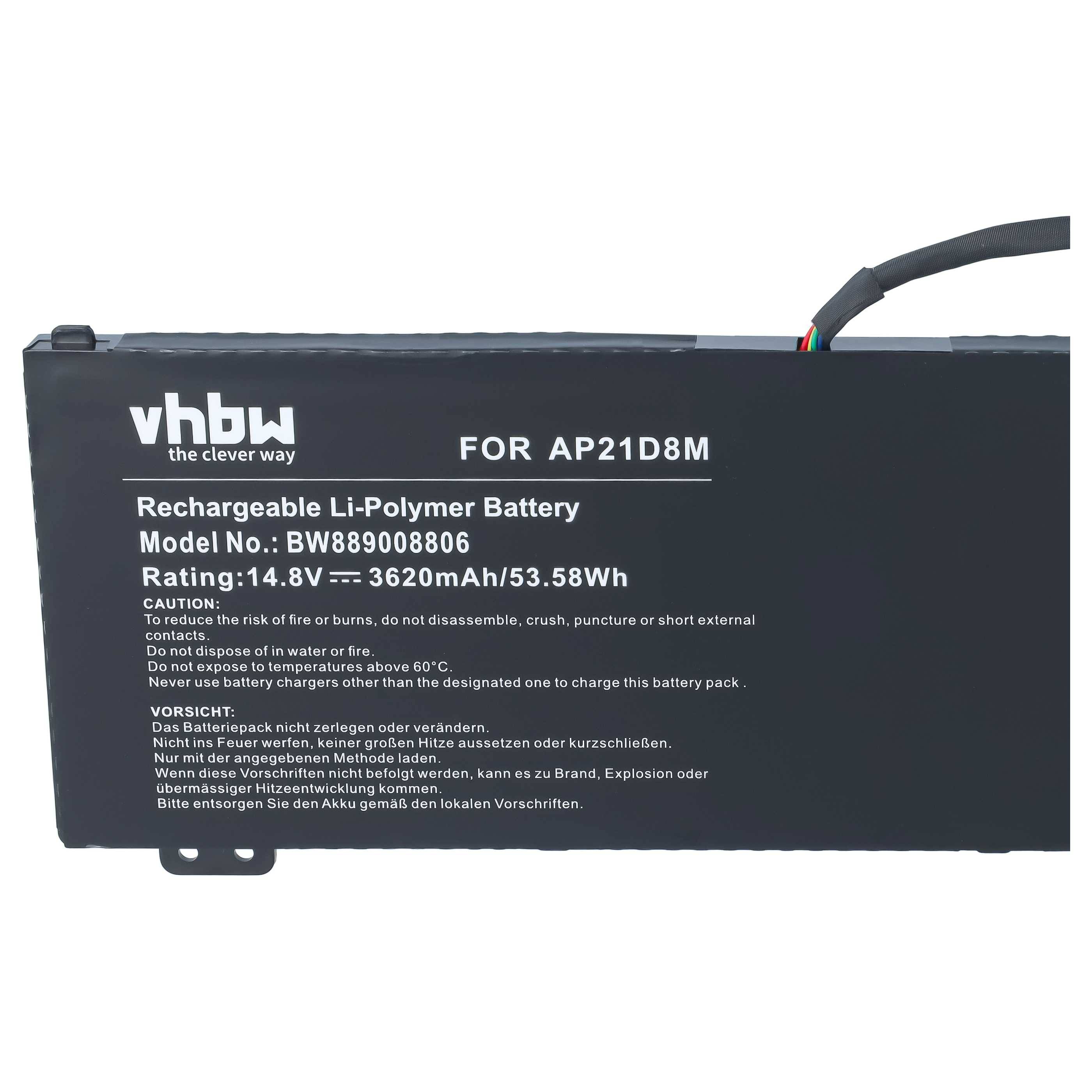 Schwarze vhbw aufladbare Li-Polymer-Batterie für AP21D8M, mit Bezeichnung 14,8V 3620mAh 53,58Wh, mit Warntext und angeschlossenem Kabel.