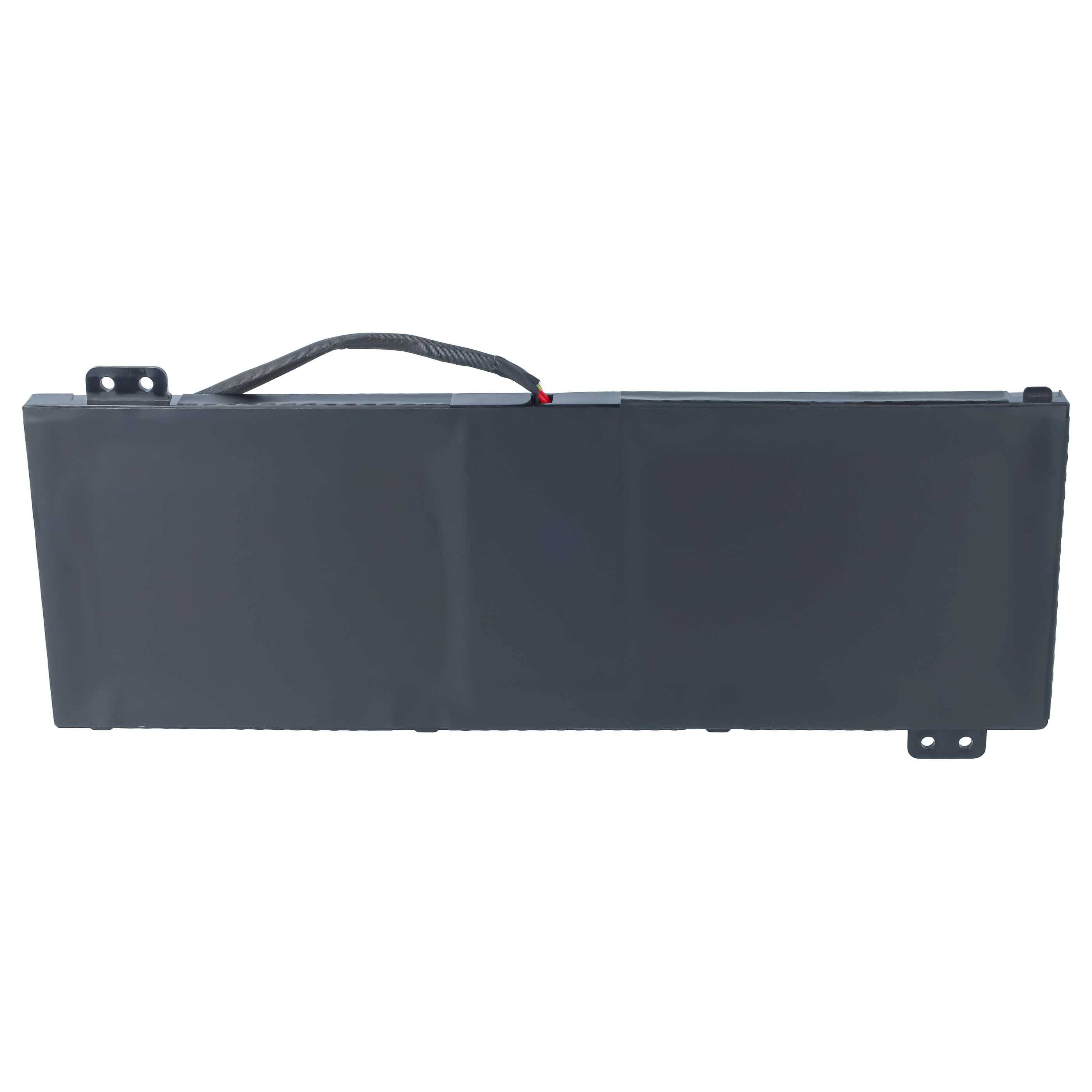 Ein langes schwarzes rechteckiges Batteriepaket mit einem griffartigen Kabel oben und Montagelaschen an beiden Enden, gezeigt auf weißem Hintergrund.